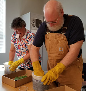 cce student with gloved hand in bucket during gardening course