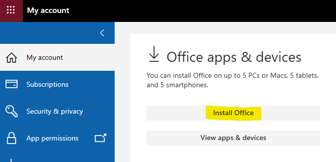 screen capture of the Install Office button under My Account