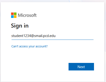 microsoft login screen with student email
