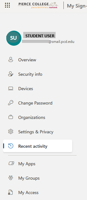 menu bar displayed when logging in to microsoft 365 with recent activity highlighted