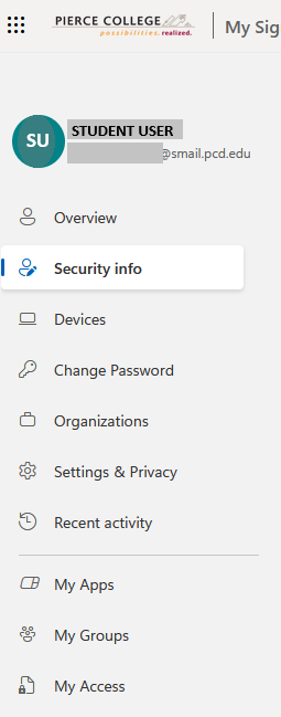 menu sidebar for recent activity page with security info highlighted