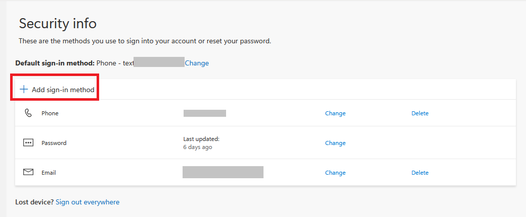 security info screen with add sign-in method link circled