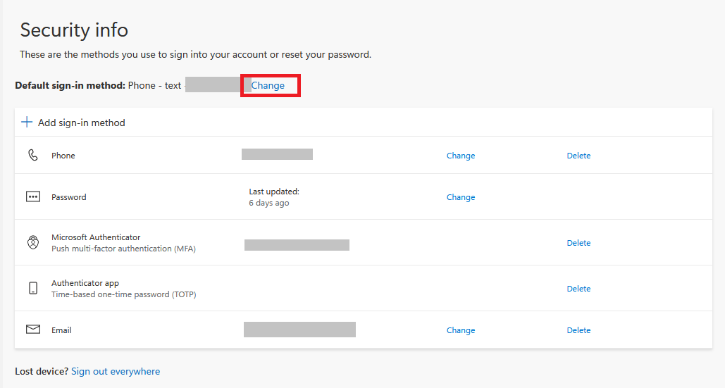 security info screen with default sign-in method change link circled