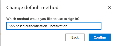change default method screen with microsoft authenticator app option selected
