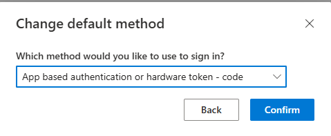 change default method screen with app based authenticator or hardware token option selected