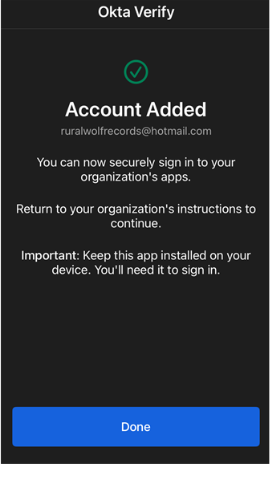 okta account added confirmation screen