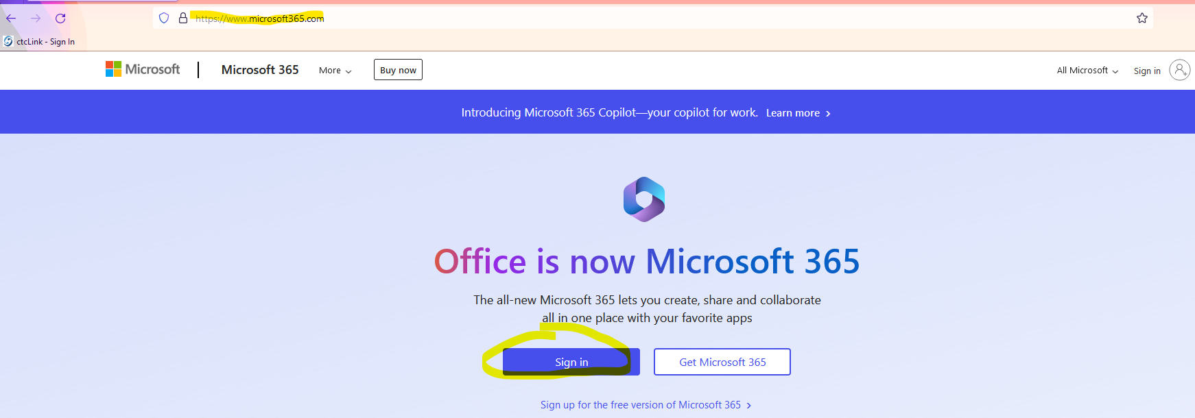 microsoft 365 website with website address and sign in button highlighted