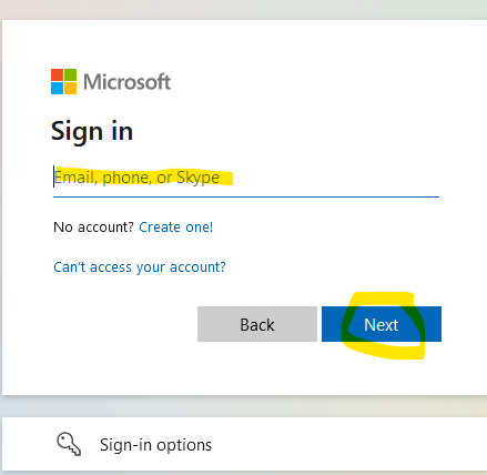 microsoft sign in screen with email entry and next button highlighted