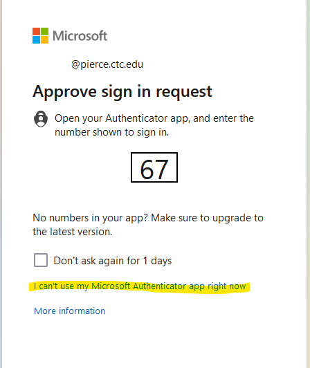 microsoft approve sign in screen with 'i can't use my authenticator right now' prompt highlighted