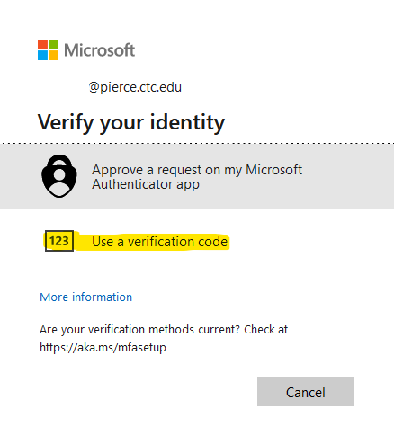 microsoft identity verification screen with use a verification code option highlighted