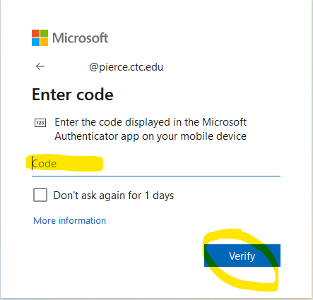 microsoft authentication code entry screen with verify button highlighted